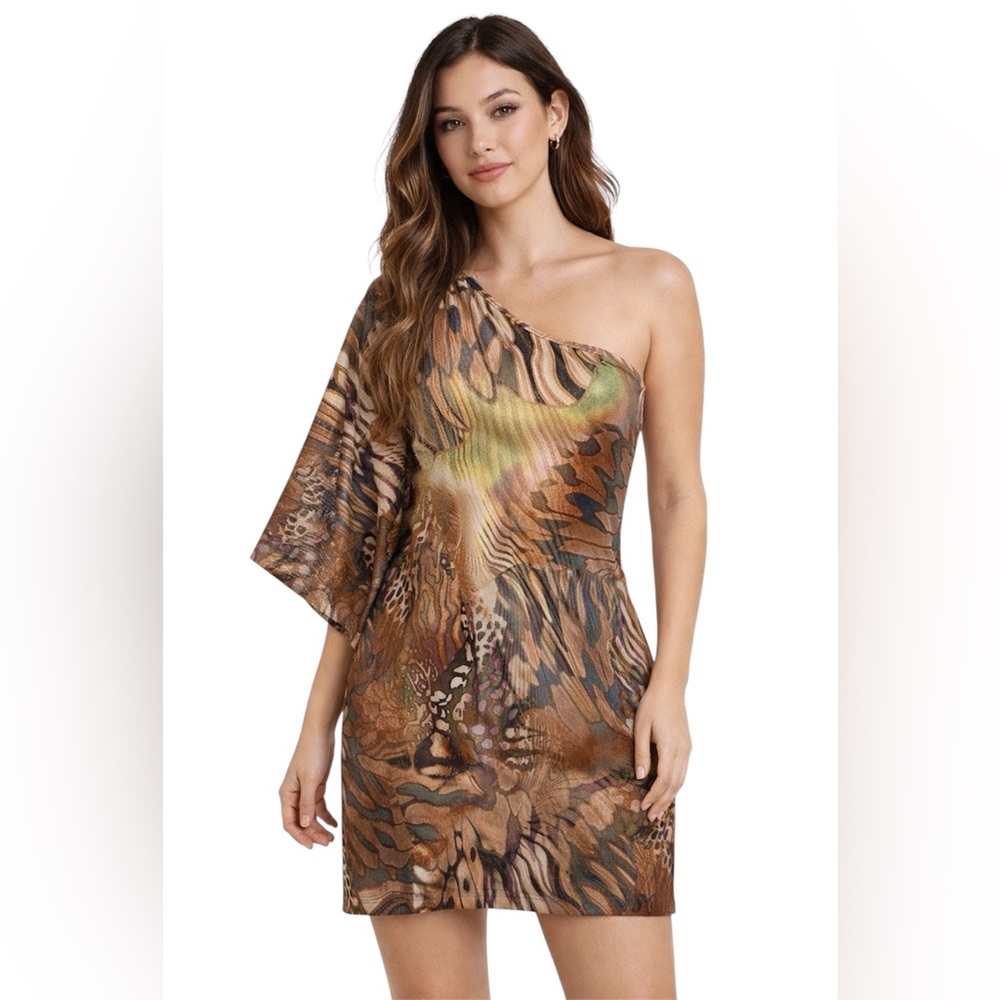 Cache Shimmer Multicolor 1 Shoulder Kimono Cocktail Dress